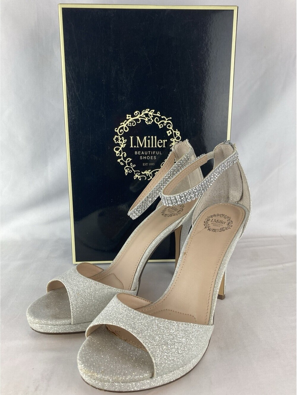 Women's 8.5 I.Miller IM Reza Silver Bliss Glitter Platform Stiletto Heels 4.25”